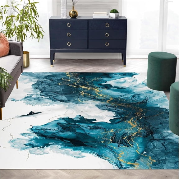 Dark Teal Blue White Marble Area Rugs, Contemporary Pattern Design Carpet, Washable Non Slip Low Pile Rug for Living Room Bedroom Office Guestroom Decor Mat 5x6ft
