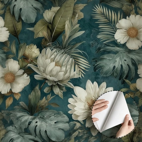 Dark Teal Botanical Floral Wallpaper, Vintage Boho Peel and Stick Wallpaper, Waterproof Contact Paper for Home Decor, Removable Wall Decoration for Living Room Bedroom Kitchen 17.7 * 118 in