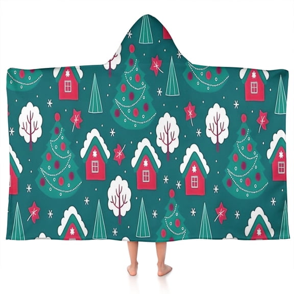 Dark Teal Christmas Village Pattern Hooded Bath Towel，50"x30" for Ages 3 To 12 Kids, Quick Dry Lightweight Soft Microfiber Hood Beach Towel Cover Up for Kids