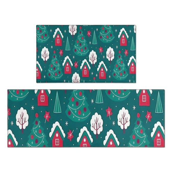 Dark Teal Christmas Village Pattern Kitchen Rugs Sets Of 2,Anti Fatigue Kitchen Mat Rugs Non Slip Washable,Decorative Kitchen Floor Mats for Kitchen,Sink,Laundry,17"x30"+17"x47"