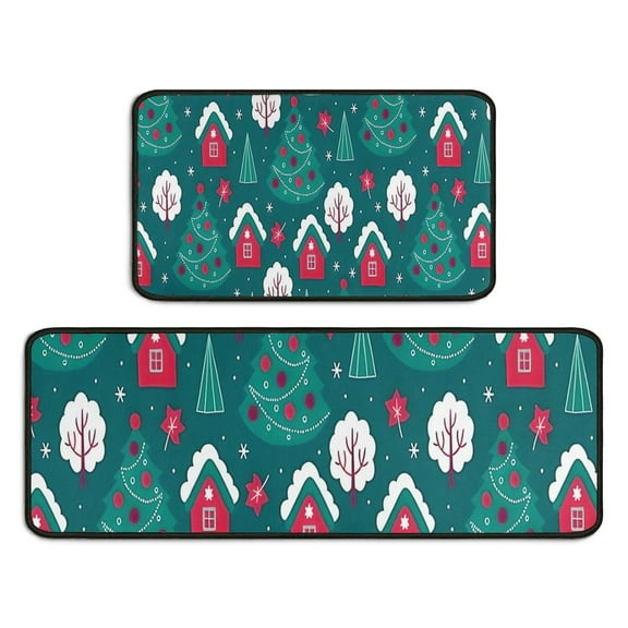 Dark Teal Christmas Village Pattern Kitchen Rugs Sets Of 2,Anti Fatigue Kitchen Mat Rugs Non Slip Washable,Decorative Kitchen Floor Mats for Kitchen,Sink,Laundry,17"X30"+17"X47"