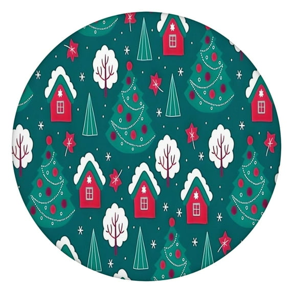 Dark Teal Christmas Village Pattern Round Fitted Tablecloth with Elastic Edge,Dining Table Cover Waterproof,Outdoor Round Tablecloth for Camping,Dining,Indoor and Outdoor