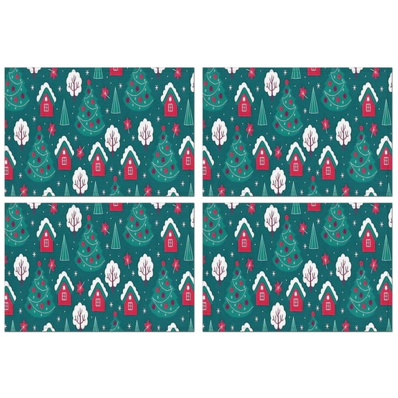 Dark Teal Christmas Village Pattern Summer Placemats Table Placemats Set Of 4-Linen Kitchen Washable Placemats Table Mats 11.8"x17.7" Non-Slip Heat Resistant