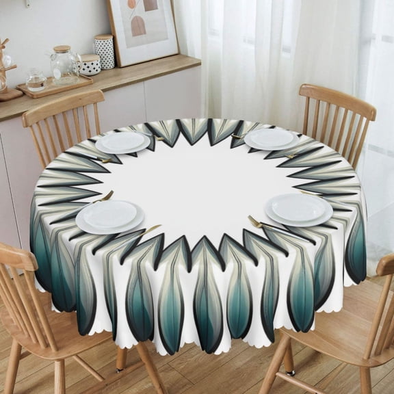 Dark Teal Feather Burst Pattern Round Tablecloth Waterproof Oil Proof Spill Proof Table Cloth 70" for Camping, Dining, Indoor and Outdoor Table Cover