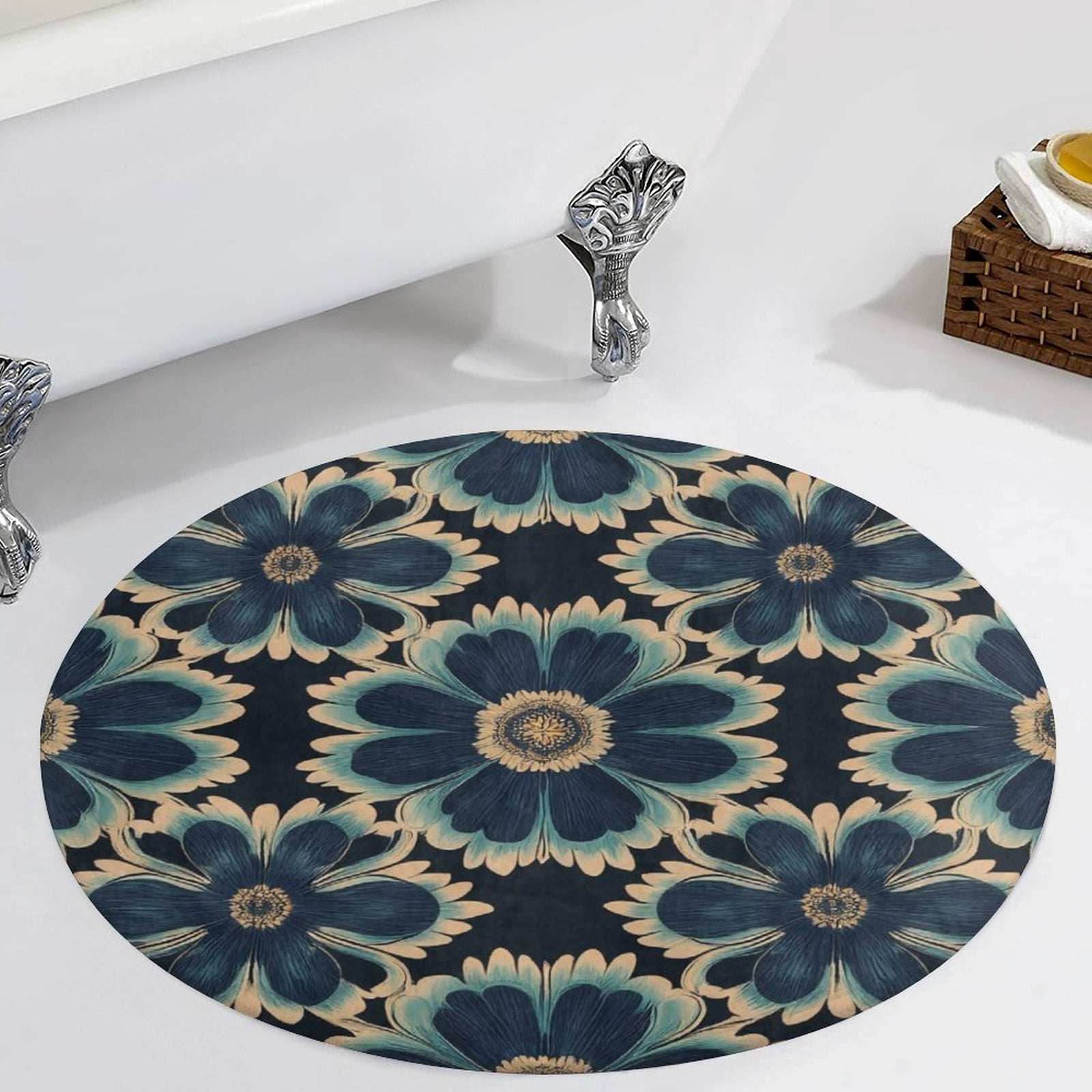 Dark Teal Floral Seamless Pattern Round Carpet Circle Rug Outdoor Patio ...