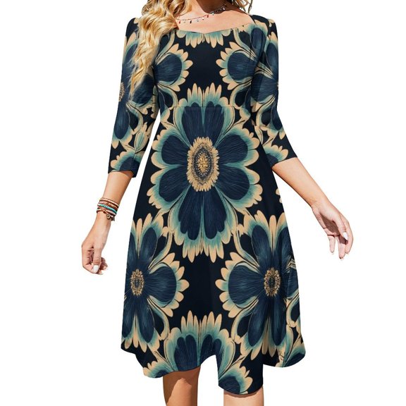 Dark Teal Floral Seamless Pattern Womens Summer Dress Tie Back A Line Flare Dress