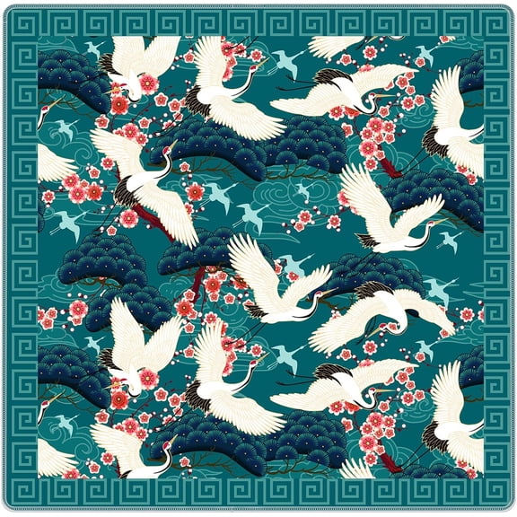 Dark Teal Japanese Crane Mahjong Mat 31.5 x 31.5 Inch, Oriental Traditional Japan Floral Bird Non-Slip Noise Reduction Gaming Mat for Dominoes Poker Card Board and Tile Games