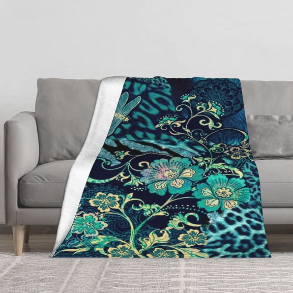 Dark Teal Leopard Floral Dragonfly Flannel Throw Blanket, Mandala Swirl Retro Exotic Flower Soft Lightweight Blanket for Boho Glam Couch Bedroom