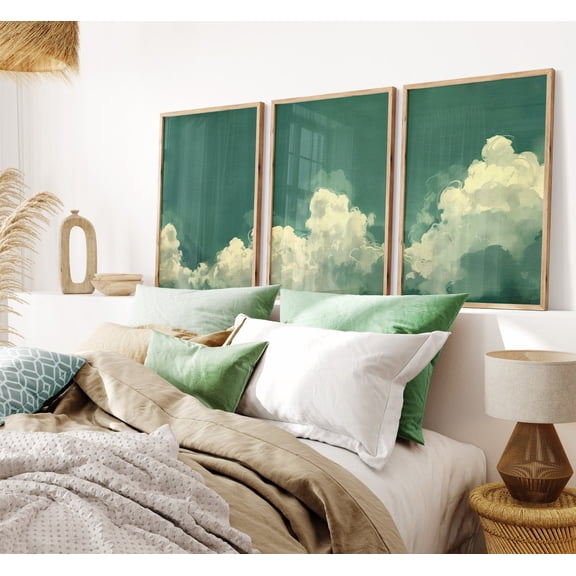 Dark Teal Moody Sky Wall Art Prints, Set Of 3 Dreamy Cloud Bedroom Decor