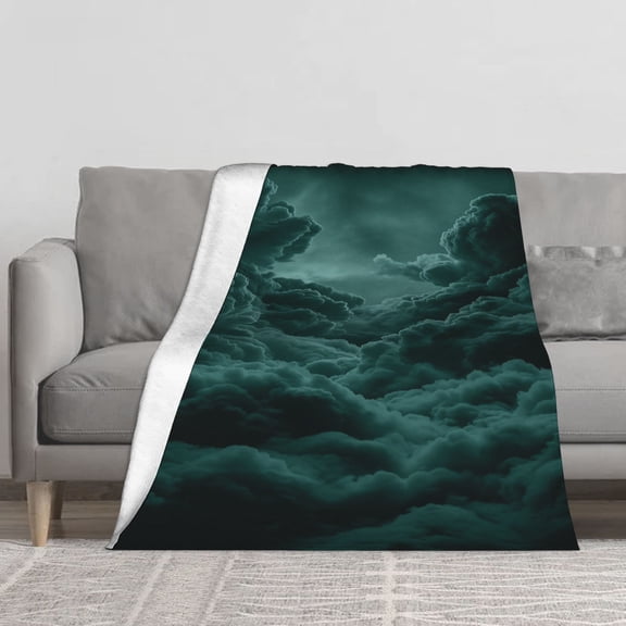Dark Teal Night Cloud Sky Fleece Throw Blanket, Soft Warm Moody Deep Green Fluffy Cloud Starry Sky Decor Art Throw Blanket