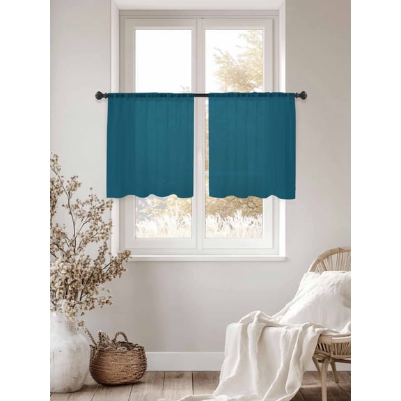 Dark Teal Sheer Curtains 45 Inches Long 2 Panels, Semi Sheer Rod Pocket Window Curtains Light Filtering Drapes Solid Green Color for Living Room Bedroom