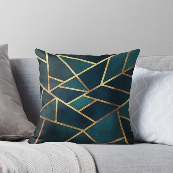 Dark Teal and Gold Geometric Line Square Pillow Case, 100% Polyester Velvet, Contemporary Home Accent