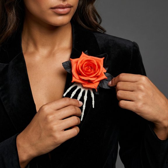 Dark Themed Artificial Rose Flower Bouquet, Gothic Black Faux Rose Stems Arrangement, Elegant Spooky Floral Decor for Halloween Wedding Party Home Vase Table Centerpiece Decoration, Orange2