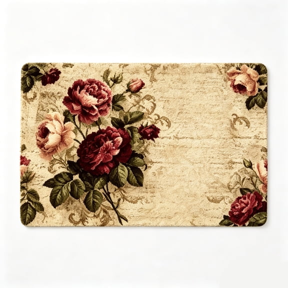 Dark Tone Burgundy Rose Floor Mat Antique Shabby Chic Indoor Rug