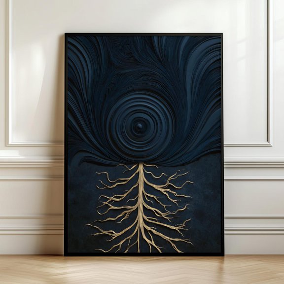 Dark Tree Life Gold Roots Illustration Mystical Blue Black Spiritual Modern Wall Art