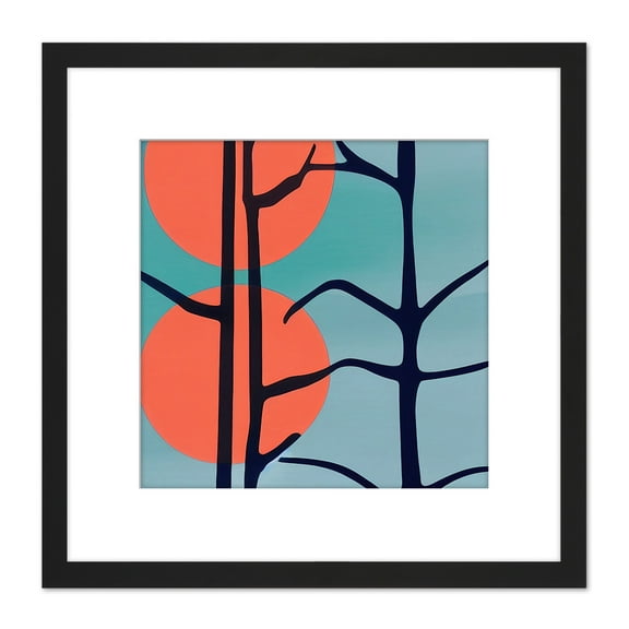Dark Tree Outline Modern Pattern Detail With Two Suns Coral And Teal Square Wooden Framed Wall Art Print Picture 8X8 Inch