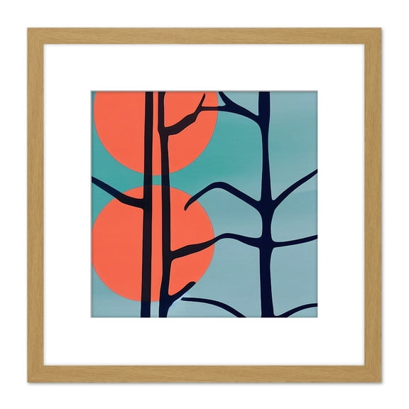 Dark Tree Outline Modern Pattern Detail With Two Suns Coral And Teal Square Wooden Framed Wall Art Print Picture 8X8 Inch