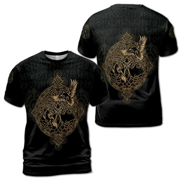 Dark Tribal Viking Golden Raven Pattern Men's T-shirt S-5XL