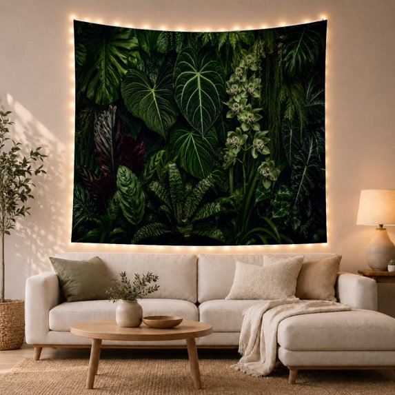 Dark Tropical Leaves With White Flower Clusters, Calming Watercolor Style for Plant Lovers, Botanical Wall Art, Housewarming Gift, Tapestry Wall Hanging for Bedroom and Living Room
