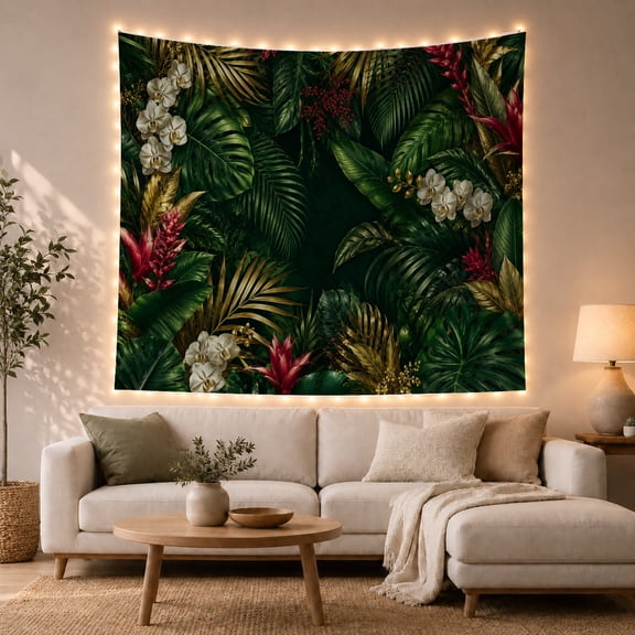 Dark Tropical Leaves With White and Red Flowers, Serene Watercolor Style for Plant Lovers, Botanical Wall Art, Housewarming Gift, Tapestry Wall Hanging for Bedroom and Living Room