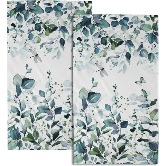 Dark Turquoise Eucalyptus Leaves Hand Towels Spring Turquoise Blue Botanical Fingertip Towel Set of 2 Watercolor Plant Butterfly Dragonfly Kitchen Dish Towels Decorative Bathroom Towels for Bath Spa