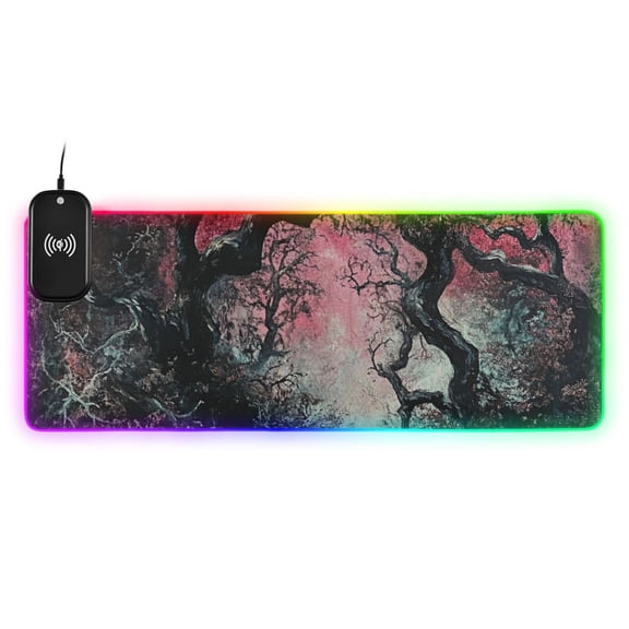 Dark Twisted Trees Wireless Charging RGB Gaming Mouse Pad Large Keyboard Mat Rubber Base 13 Light Modes