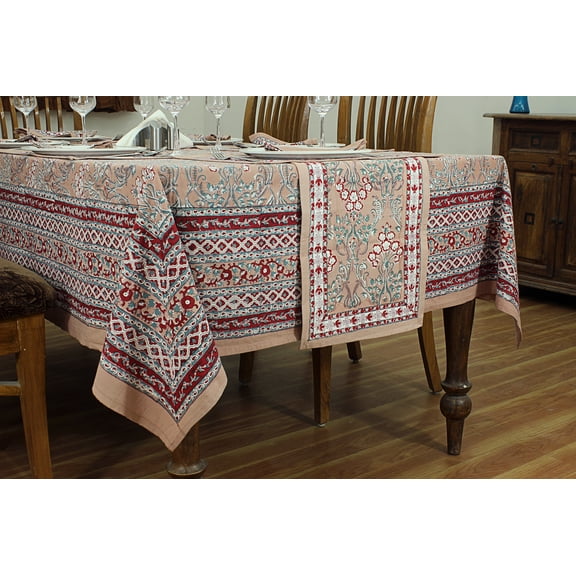 Dark Vanila and Red Indian Hand Block Floral Printed Easter Tablecloth, Cotton Cloth Table Cover and Linen Set, Wedding Party Table Cloth 72x160 Inches