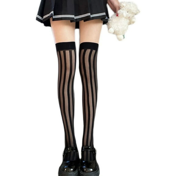 Dark Vertical Stripe Black Silk Jacquard Stretch Thigh Socks Over Knee Stocking