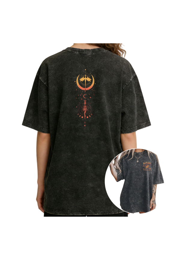 Dark Vintage Celestial Dagger Art Back Print Black Washed Gradient Print Tshirt Graphic Tees Shirts S-2XL Tops