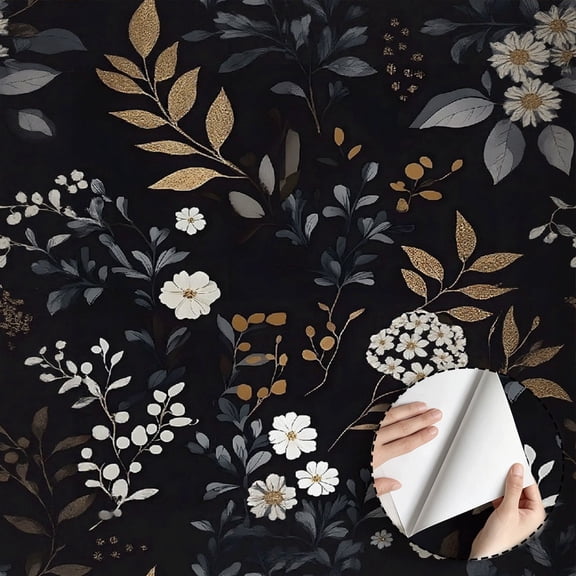 Dark Vintage Floral Wallpaper, Boho Gothic White Flower Gold Leaf Pattern Self Adhesive and Removable Waterproof Wall Decor for Bedroom Living Room Bathroom Kitchen Cabinet Drawer 17.7 * 118 in