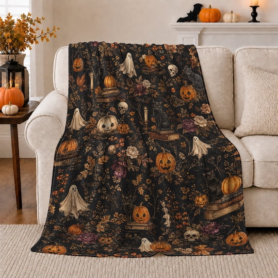 Dark Vintage Pumpkin Ghost and Black Cat Flannel Blanket, Warm Gothic Halloween Home Decor for Living Room and Bedroom, Halloween Gift with Books Candles Flowers and Autumn Leaves
