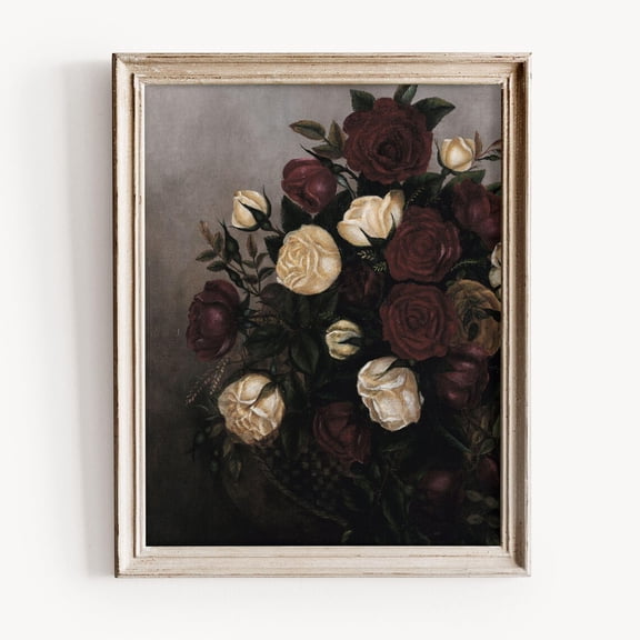 Dark Vintage Rose Print, Moody Floral, Red And White Roses Wall Art, Rich Still Life, Antique Botanical Decor, Gothic Aesthetic Home Decor UNFRAMED Poster, Wall Art for Decor, Present, 8x12