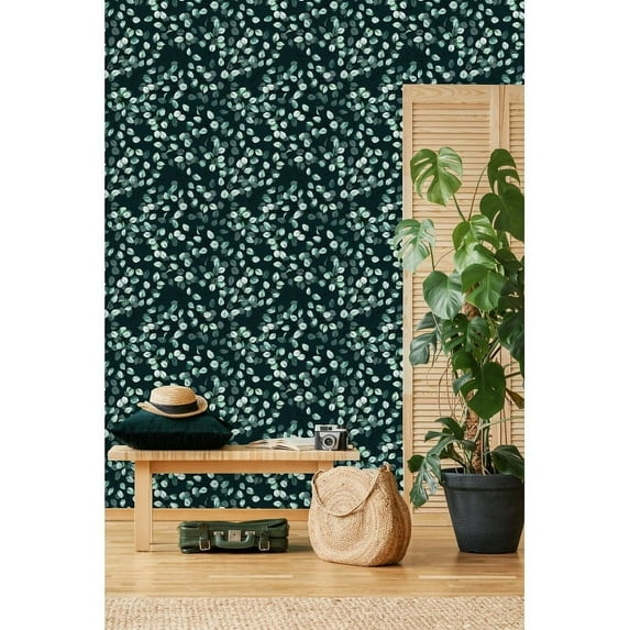 Dark Wallpaper with Green Leaves Peel-and-Stick - 25"W x 225"H