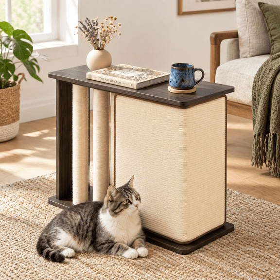 Dark Walnut 3-in-1 Cat Corner Side Table Scratcher Sofa Protector