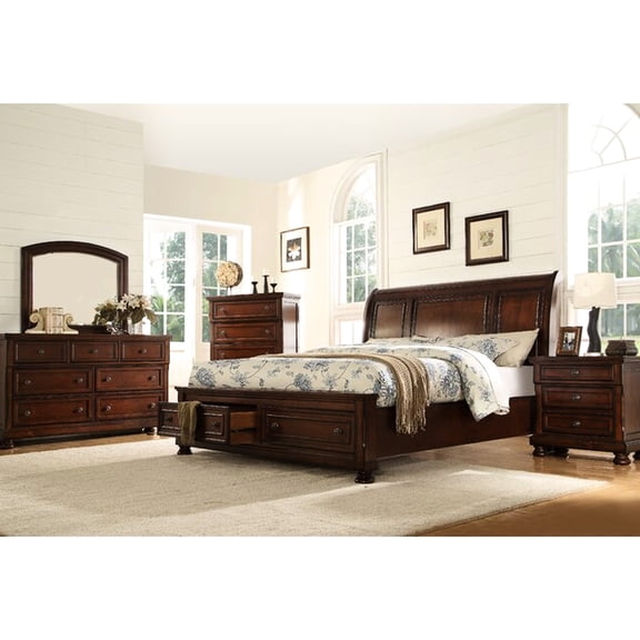 Dark Walnut 5 Piece Bedroom For King - , Bearing Drawer Glides, Bun Feet Legs Transitional Suite: Bed With Storage & Accents