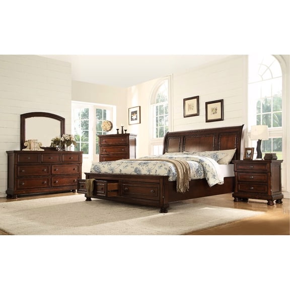 Dark Walnut 5 Piece Queen Bedroom Suite - Headboard, Felt Lined Top Drawer, Smooth Drawer Glides In Brown Metal , Storage , Full Extension Drawers, Bearing Slides