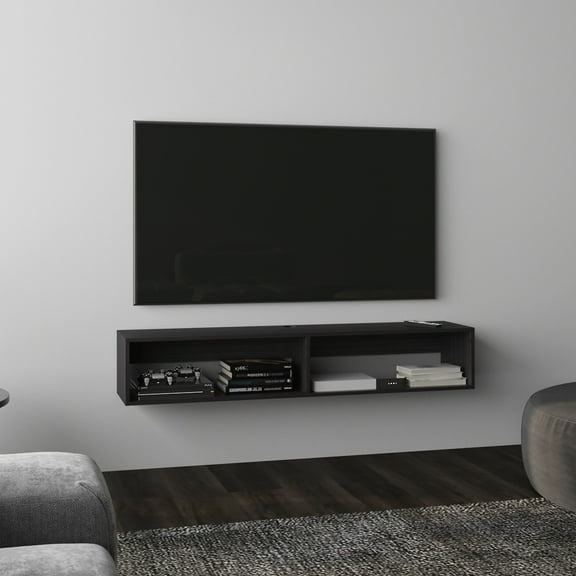 Dark Walnut 59" Floating Tv Stand. Two Rectangular Shelves For Neat And Tidy Living Room. Modern Style Home. Fits 60-69 Inch Tvs. . Straightforward Installation Tv 2 Primary Space. Screens. Easy