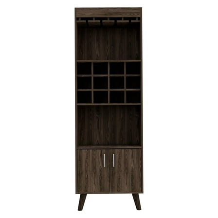 Dark Walnut Bar Cabinet Bull For Living Room With Twelve Classy Wine And Two Shelves In Wood Finish, 12 2