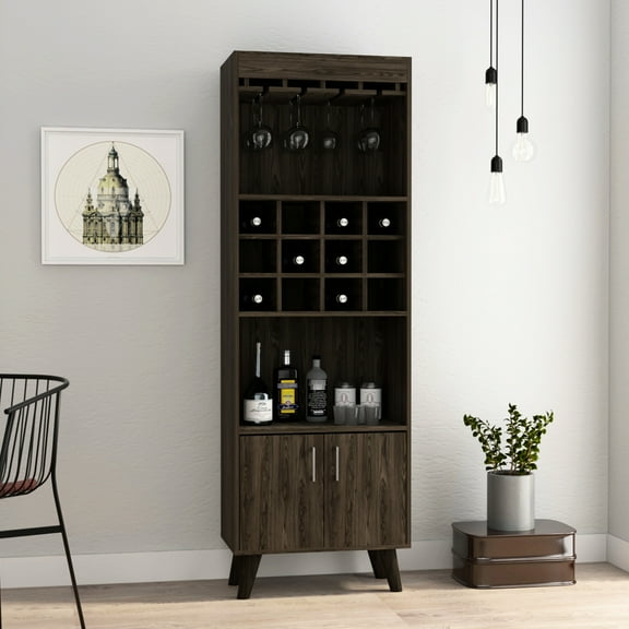 Dark Walnut Bar Cabinet With Twelve Bottle Slots And Double Doors In Wine Door