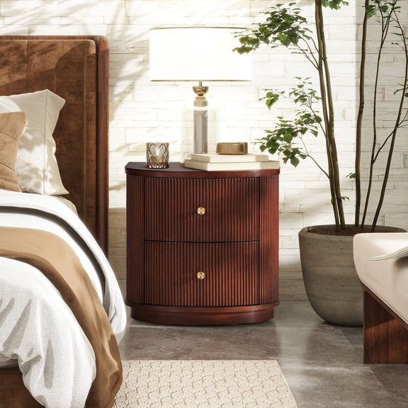 Dark Walnut Beech Wood 24" Side Table With 2 Drawers. Half-moon Form Ribbed Fluted Decoration. Practical Storage Via Two Deep Brown Natural Appearance. Satin Gold Drawer Pulls For Enhancement. 23.14