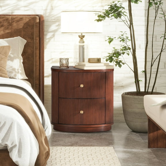 Dark Walnut Beech Wood 24" Storage Side Table. Half-moon Style With Ribbed Fluted Ornamentation. Two Practical Storage. Deep Brown Natural Finish. Satin Gold Drawer Pulls For Charm. 24.02 In. W X