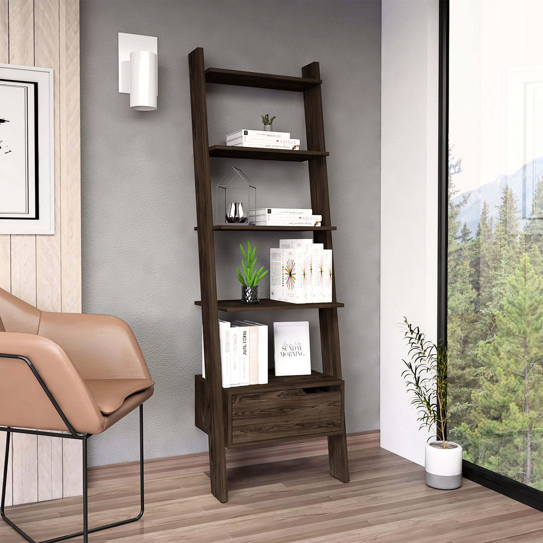 Dark Walnut Bookcase+Sturdy Four - Leg Design