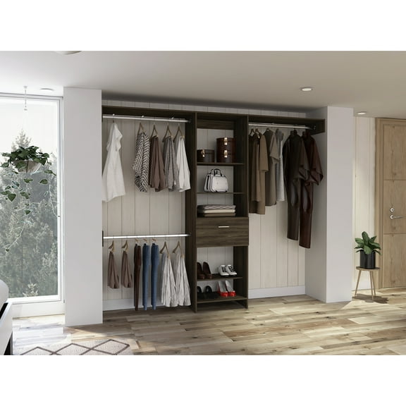 Dark Walnut Closet - With 1, 4-shelves And 3 Metal Rods Elegant Style 1 4-shelf For Contemporary Storage