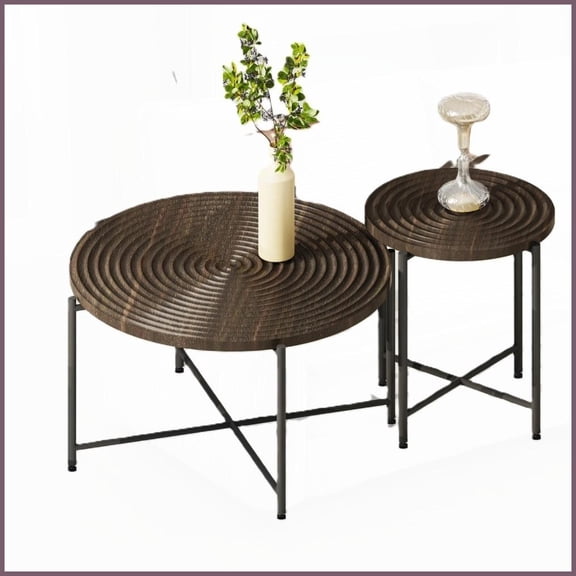 Dark Walnut Coffee & End Table Set MDF/PVC Top, Black Metal Legs, Durable for Living Room Decor