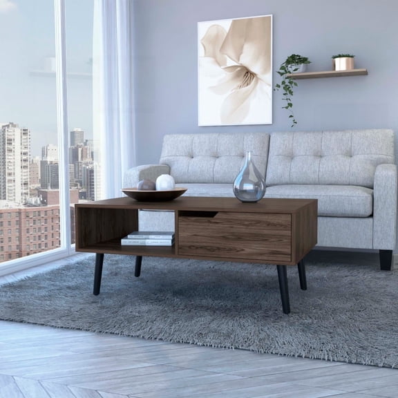 Dark Walnut Coffee Table Bull with One Drawer, One Open Shelf & Its Four Legs