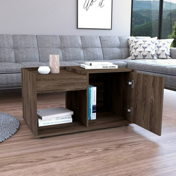 Dark Walnut Coffee Table With One Open Shelf And Single Door Chest Sophisticated Cabinet Composition