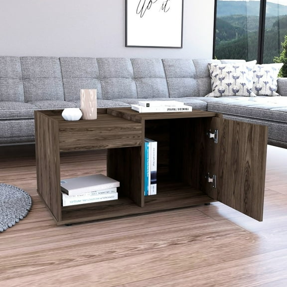 Dark Walnut Coffee Table With One Open Shelf And Single Door Chest Sophisticated Cabinet Composition