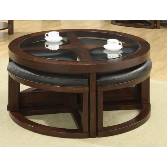 Modern Dark Walnut Coffee Table with Glass Insert and Included Ottoman for Living Room Furniture