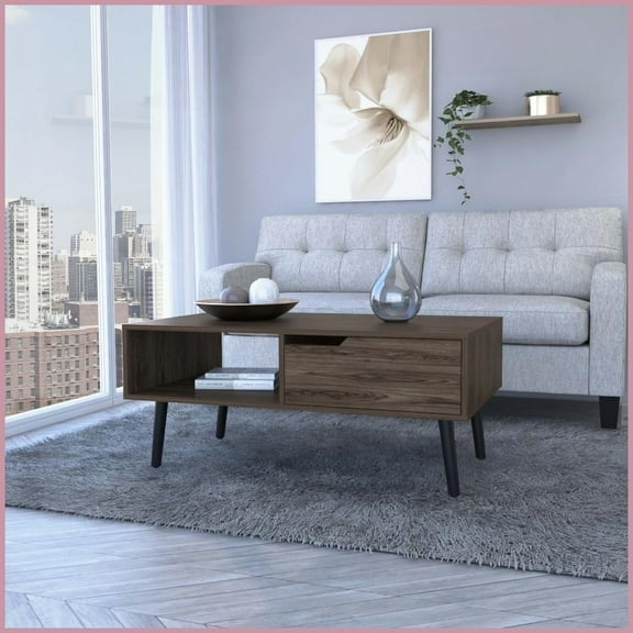 Dark Walnut Coffee Table with Drawer & Open Shelf, 4-Legged Stylish Living Room Storage Table