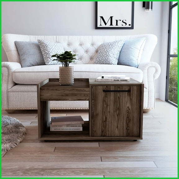Dark Walnut Coffee Table with Open Shelf & Single Door Cabinet, Space-Saving Storage for Living Room